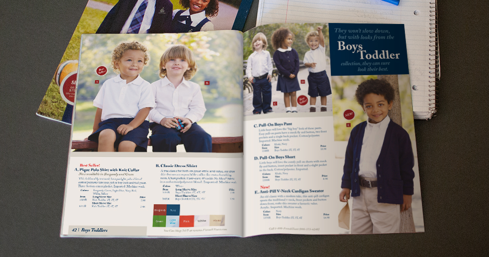 inside spread design for a school uniform catalog design and production