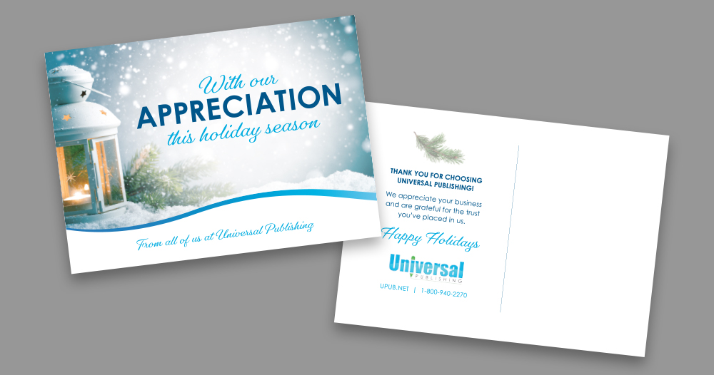 Universal publishing promotional holiday postcard design