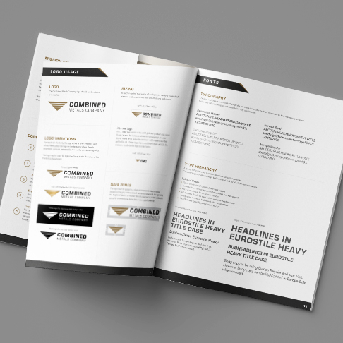 inside pages of brand guideline for metal manufacturing company